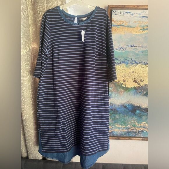 J.Jill Dress Mixed Media Shirttail  Striped Womens Size 1X  Blue Denim Pockets - Picture 5 of 15